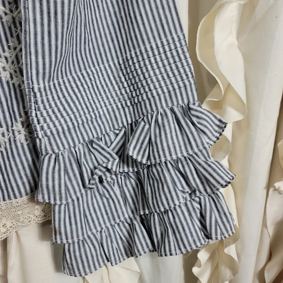 Tiered Ruffle Sleeve Top Shirt Small Cotton Lace Embroidery Striped Evelyn Boho - Picture 3 of 9